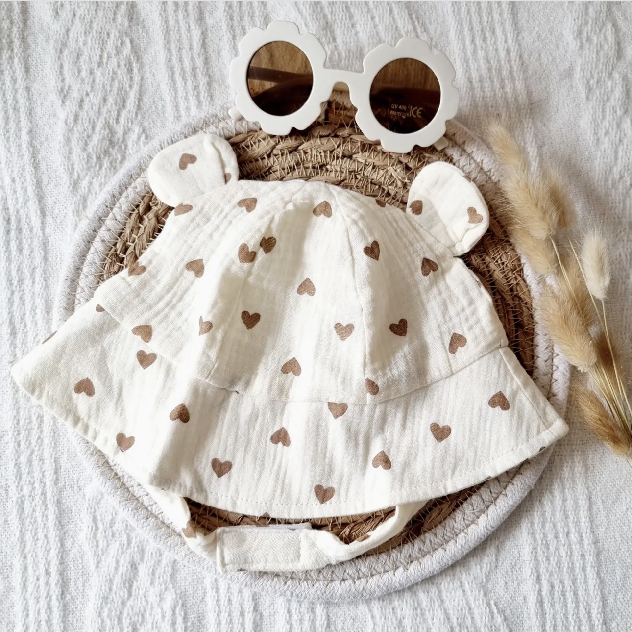 Muslin Hat For Baby - Beige with Hearts