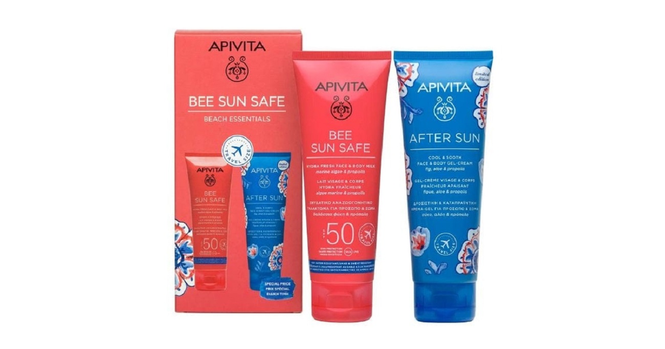 Apivita Bee Sun Safe Beach Essentials Promo With Hydra Fresh Face & Body Milk Spf50, 100ml & After Sun, 100ml, 1Set