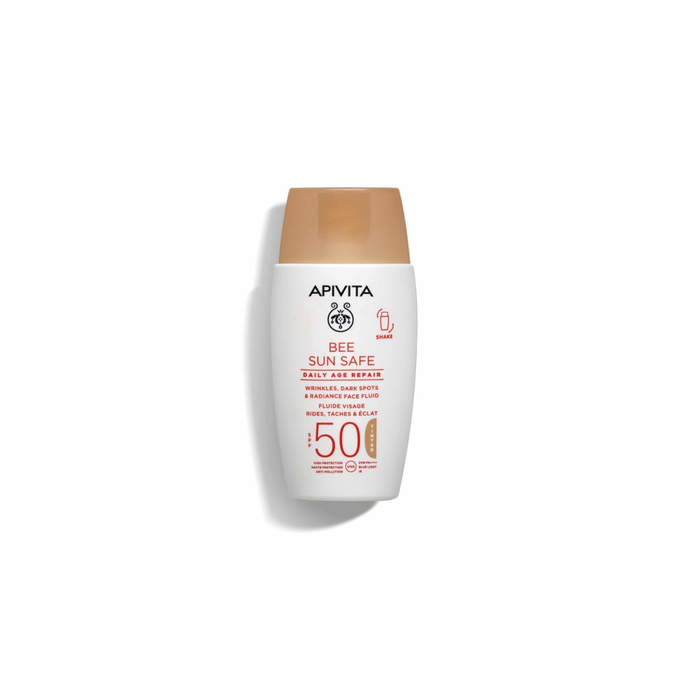 Apivita Bee sun safe daily age repair dry touch tinted λεπτόρευστη κρέμα προσώπου κατά των πανάδων & ρυτίδων SPF50 με χρώμα 50ml