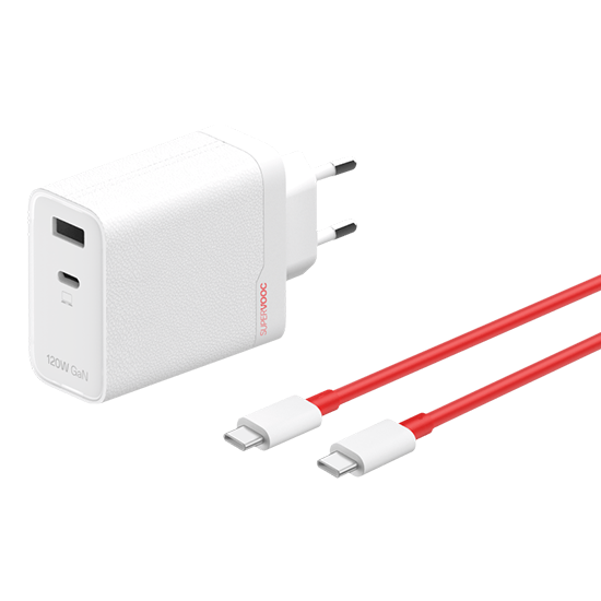 OnePlus 120W Dual Ports SuperVooc Adapter + Cable (Type-C + Type-A) – White