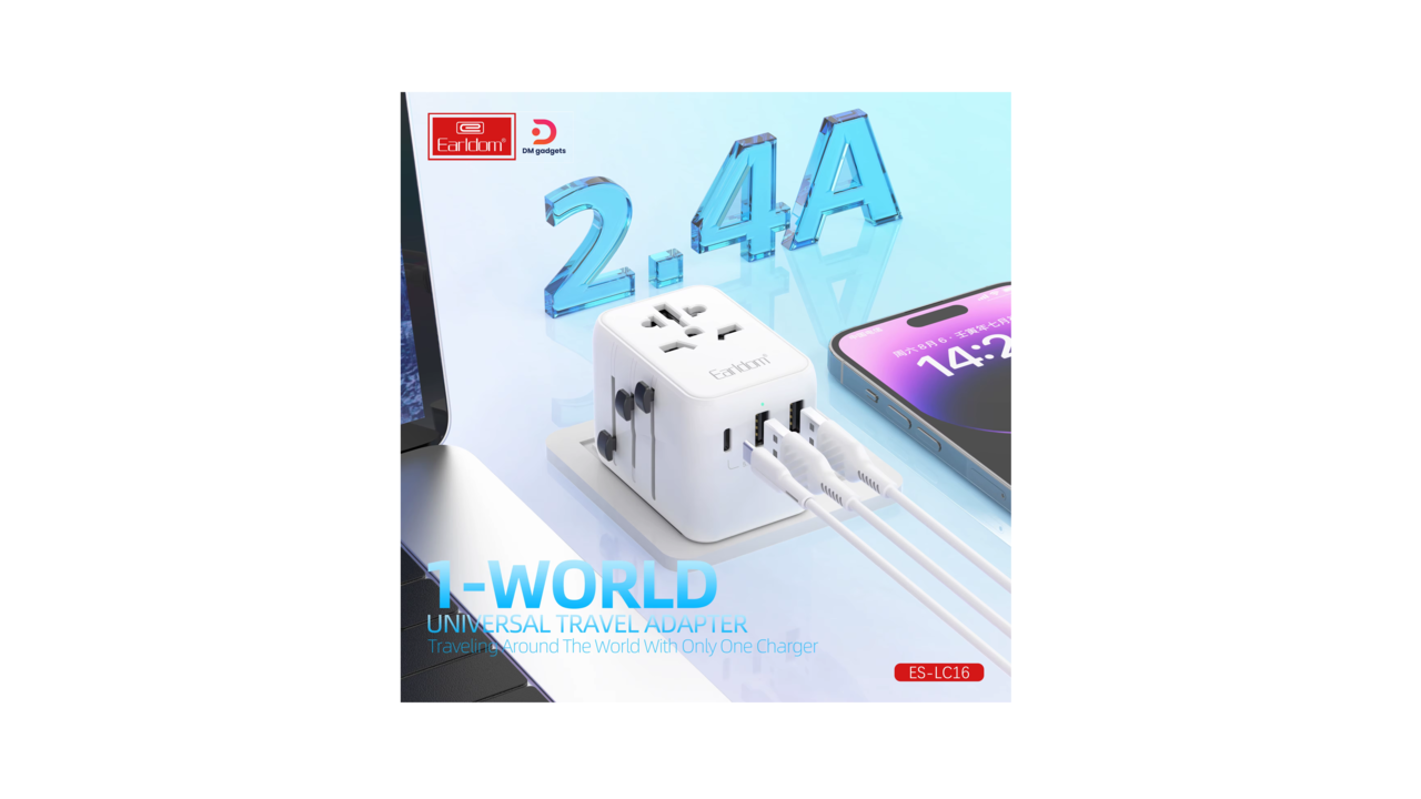 543D2#Earldom®LC16 Universal Travel Adapter with 2USB-A and 1 USB-C 2500W – White