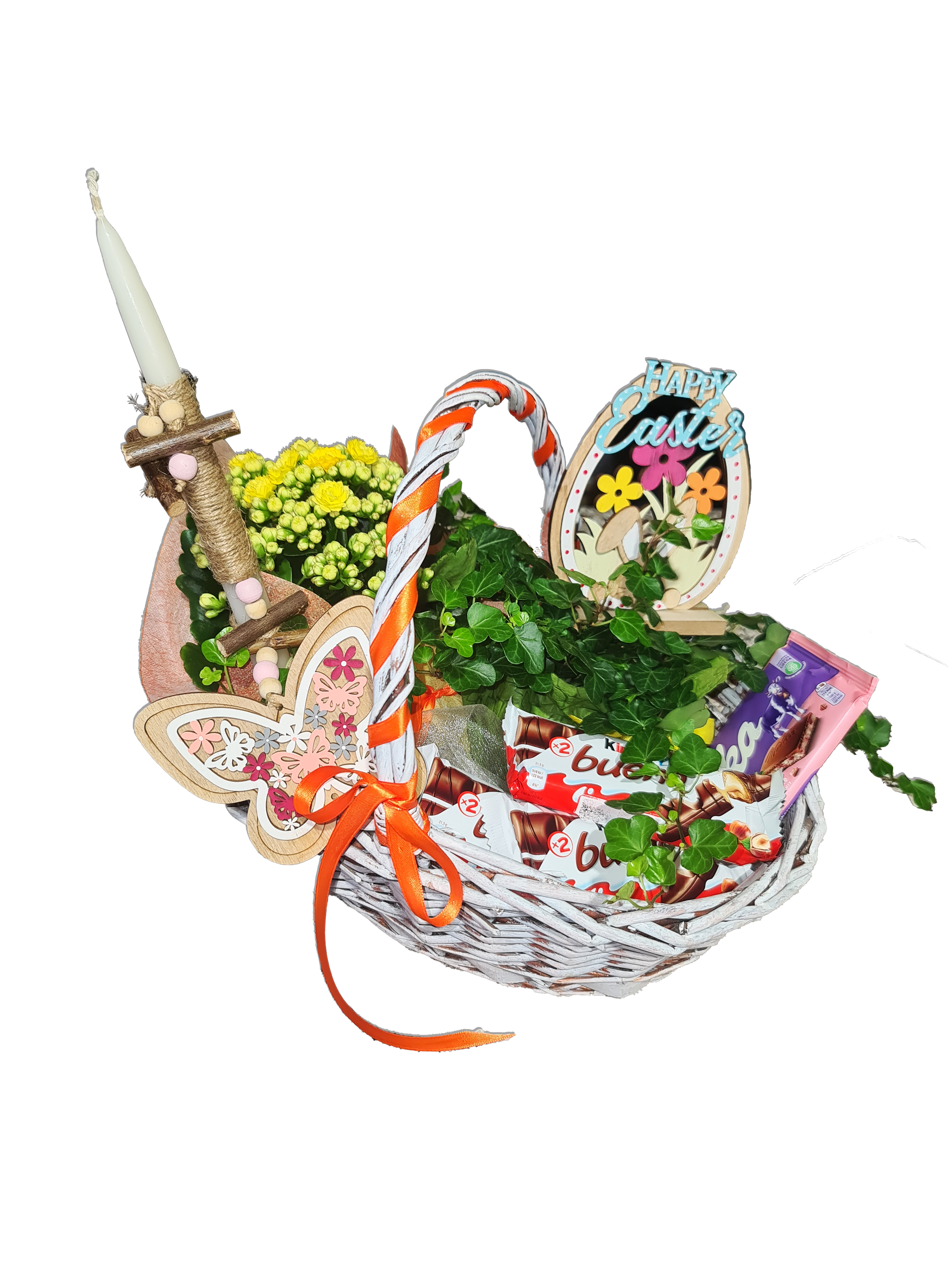 Basket with plants, chocolates, easter candle, stick