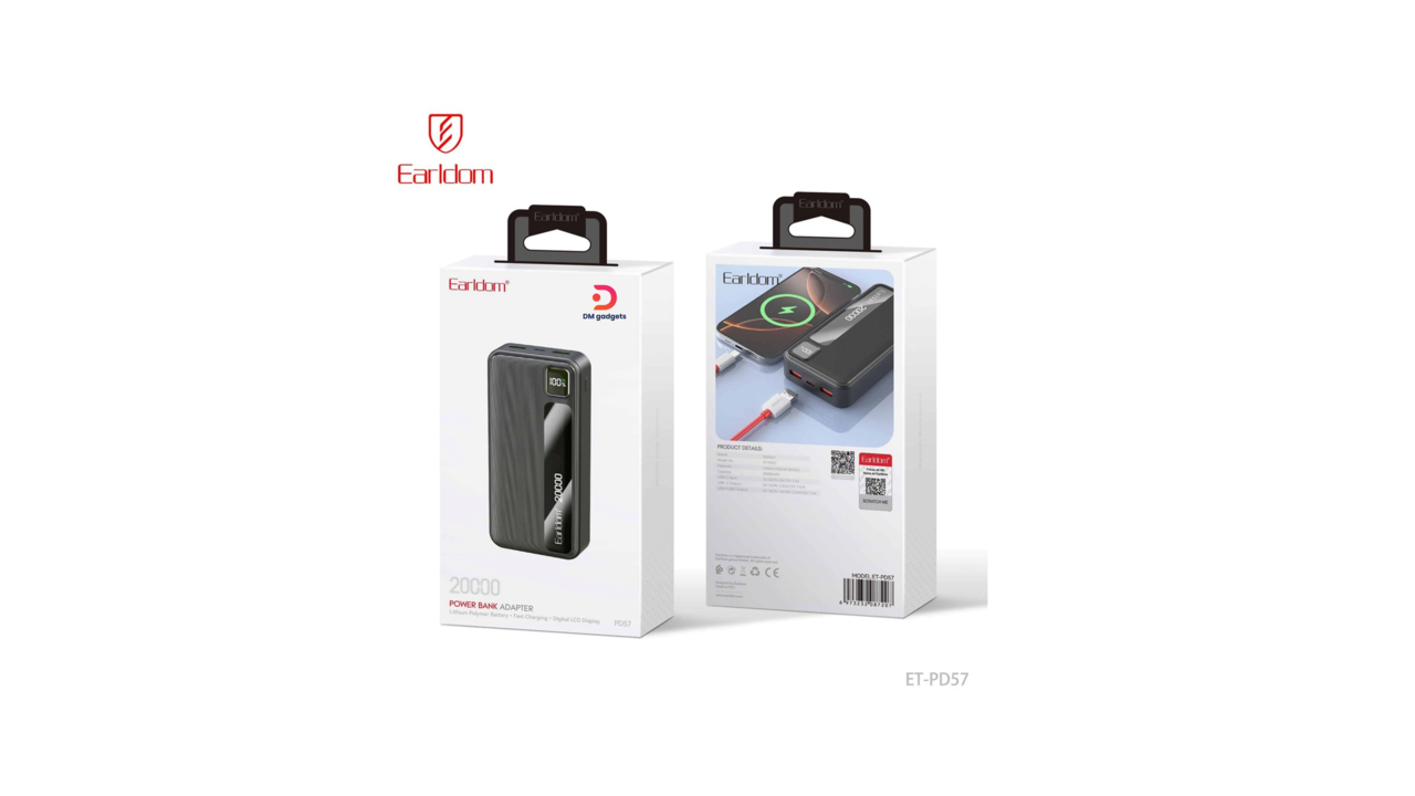 185P-1#Earldom®PD57 Power Bank Adapter with Digital LCD Display – Dual-Port Fast Charging-Black
