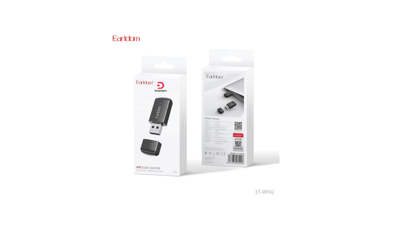 513C#Earldom®ET-WF02 Wi-Fi 5 USB Adapter 650Mbps – Black