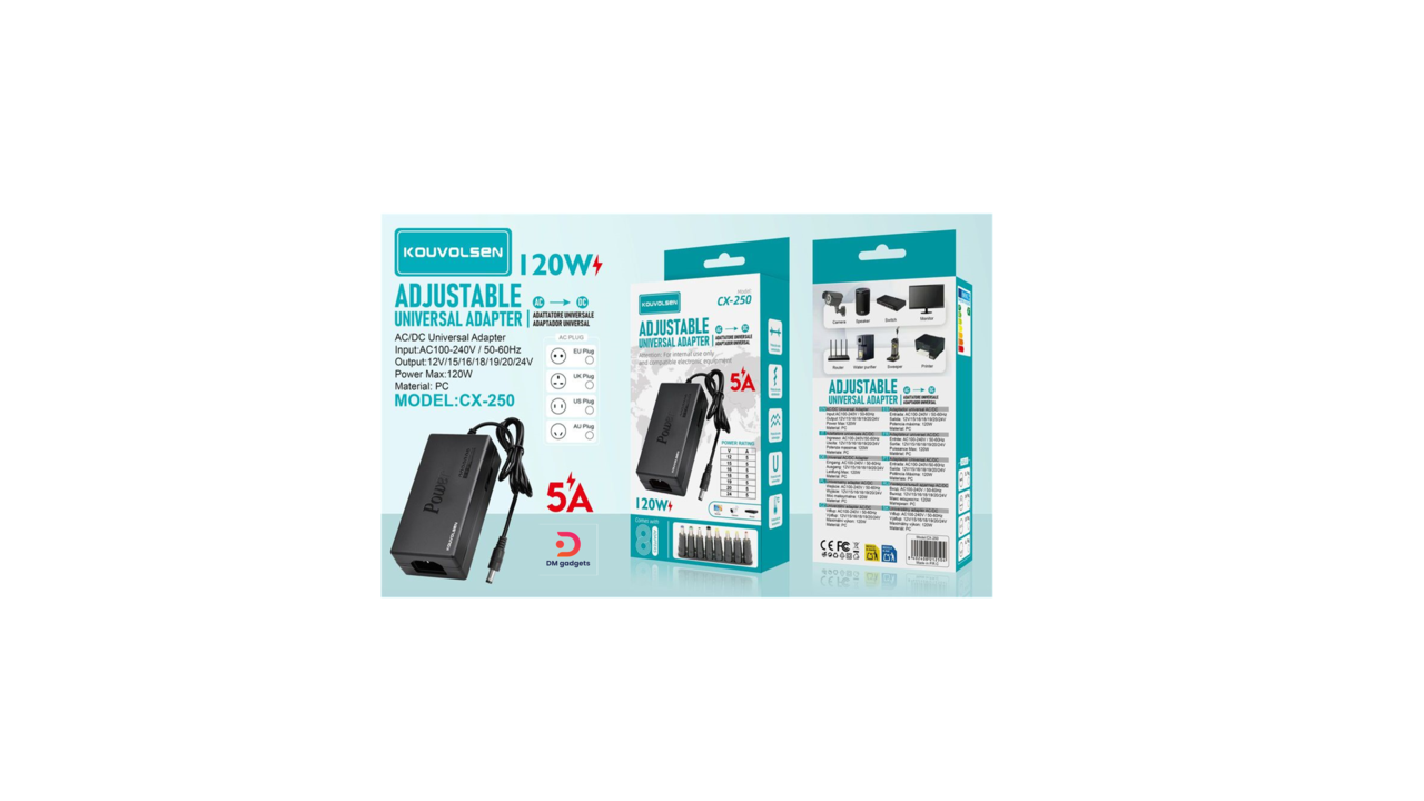 391E#Kouvolsen®CX-250 120W ,12/15/16/18/19/20/24V Adjustable AC/DC Universal Adapter – Black