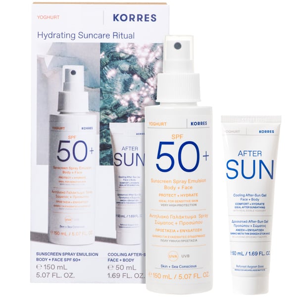Korres Promo Hydrating Suncare Ritual High Sun Protection with Yoghurt Sunscreen Spray for Face & Body SPF50+, 150ml & Yoghurt Cooling After Sun Gel for Hydration & Soothing, 50ml, 1setKorres