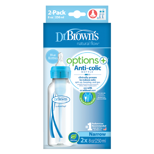 Dr. Brown's Natural Flow Options+ Anti-Colic Baby Bottles Narrow Neck 2 x 250ml Blue