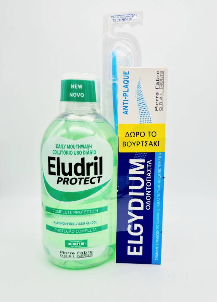 Eludril Kit Every Day Protect Includes Eludril Protect Mouthwash 500ml, Anti-Plaque Toothpaste 75ml & Free Elgydium Clinic Toothpaste 20/99