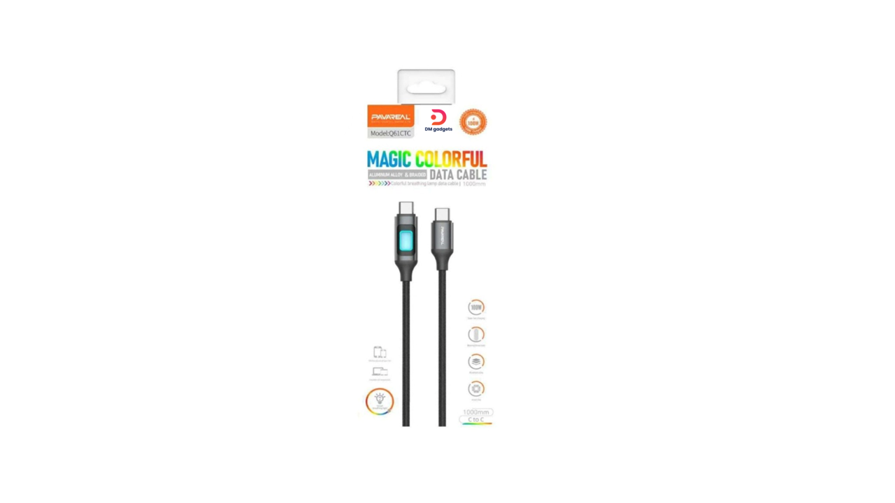344B#Pavareal®Q61CTC 100W TYPE C to TYPE C Cable Magic Colorful Data Cable 1m Black