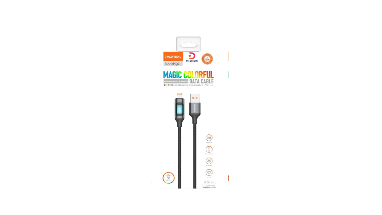 #344C#Pavareal®Q61i 120W USB A – Lightning Cable Magic Colorful Data Cable 1m Black