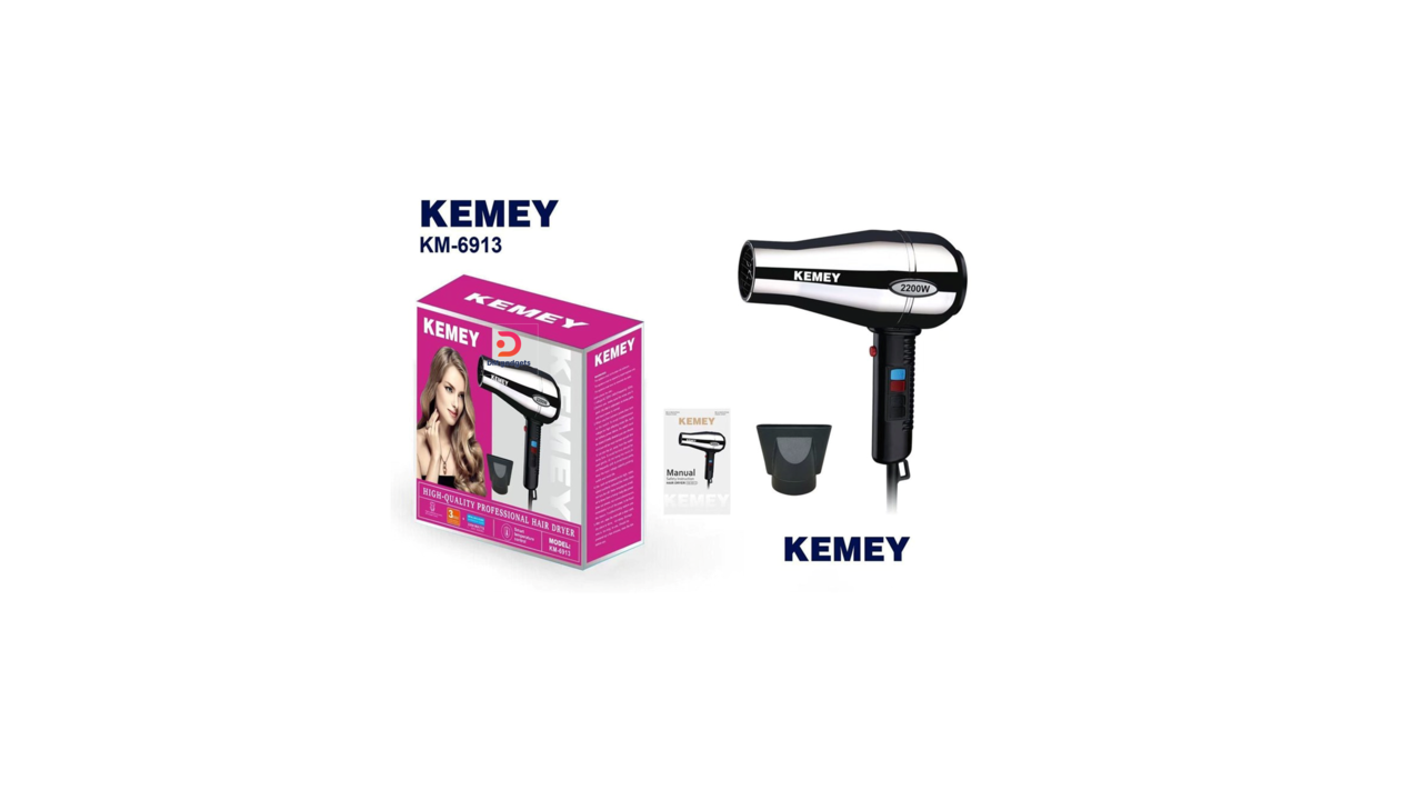 700W18#Kemey®KM-6913 High Quality Professional Hair Dryer 2200W- 3 speed Black-Silver