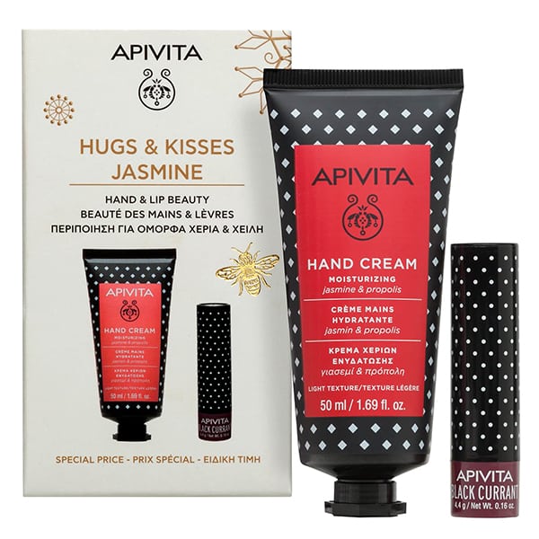 Apivita Promo Hugs & Kisses Jasmin Moisturizing Hand Cream, 50ml & Lip Balm with Blackcurrant, 4.4g, 1set