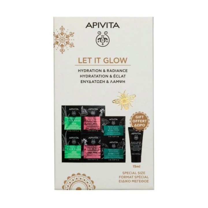 Apivita Promo Let it Glow for Hydration & Glow Express Beauty Aloe Face Mask, 2x8ml, Pomegranate Face Mask, 2x8ml, Ginkgo Biloba Eye Mask, 2x2ml & Free Black Cleansing Gel, 15ml, 1set