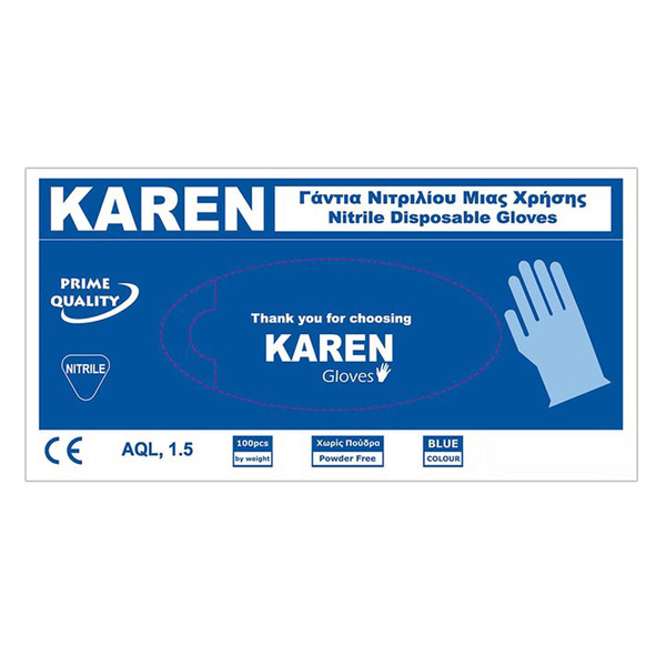 Karen Nitrile Disposable Powder Free Blue Gloves 100 L/S