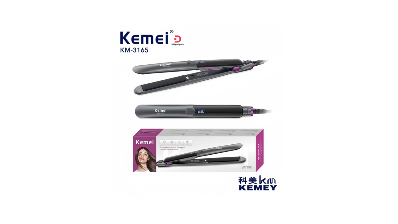 700W22#Kemei®KM-3165 Professional Hair Straightener, Adjustable 10 diff. temperature 230°, Ceramic Plates Black-Silver