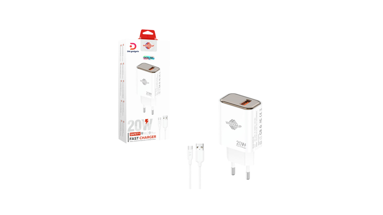 346B#Wisdomup®OCD-29T 20W Fast Charger with USB-A to Type-C Cable – White