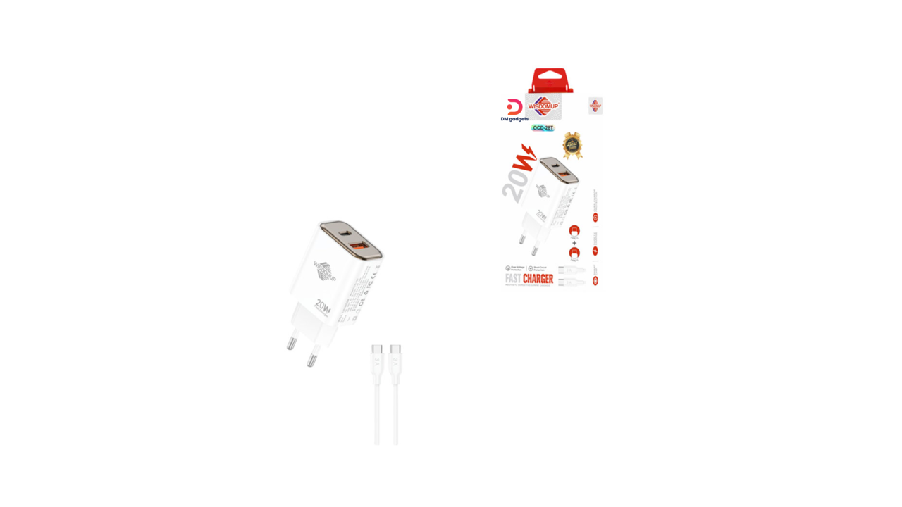 346C#Wisdomup®OCD-28T Fast Charger USB + Type C with Type C to Type C Cable – White