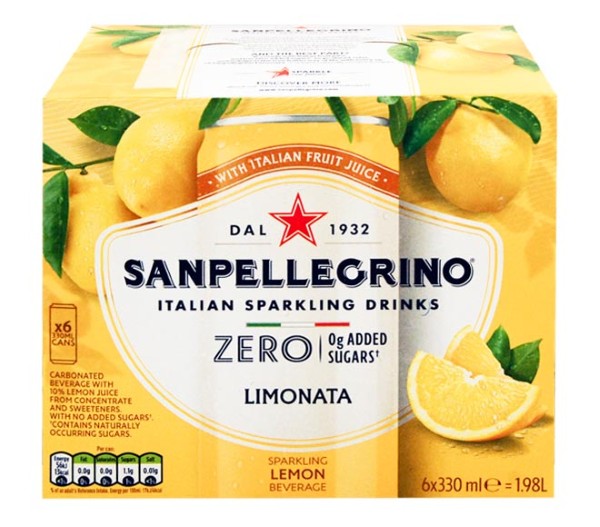 Can San Pellegrino Italian Sparkling Drinks Lemon Beverage Zero Added Sugars 6X330Ml