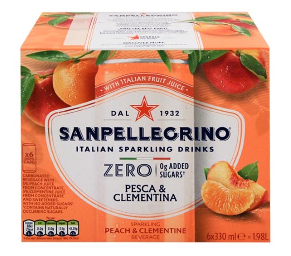 Can San Pellegrino Italian Sparkling Drinks Peach & Clementine Beverage Zero Added Sugars 6X330Ml