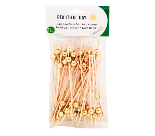 Beautiful Day Bamboo Picks With Gold Beads 12Cm 50Pcs