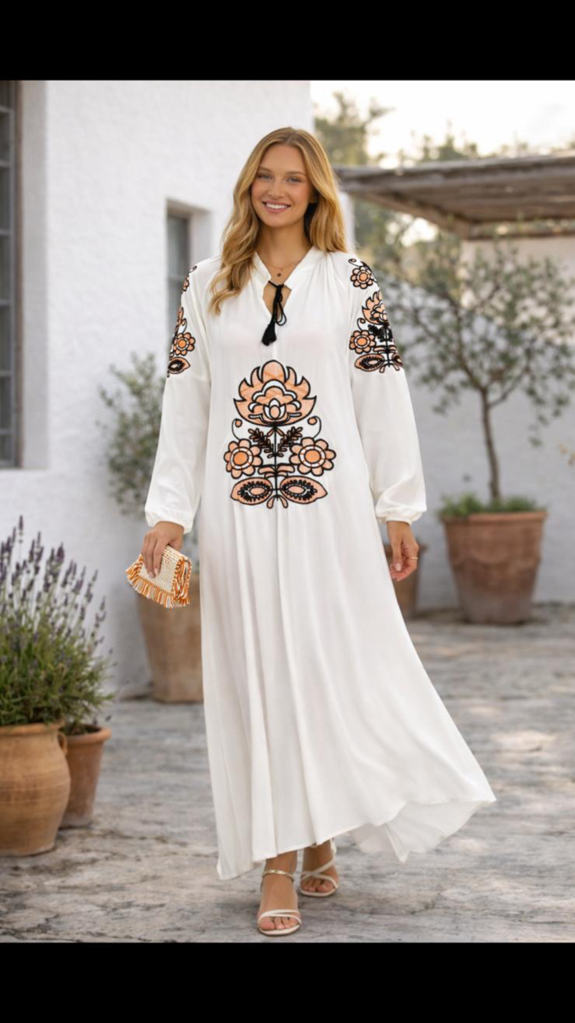 White embroidered viscose long sleeve midi dress