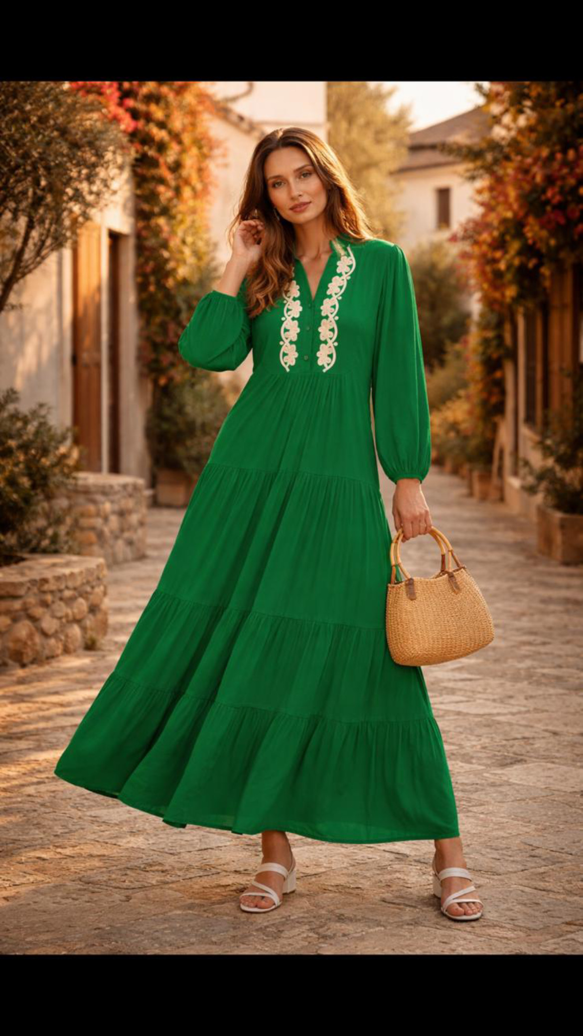 Green embroidered viscose long sleeve midi dress