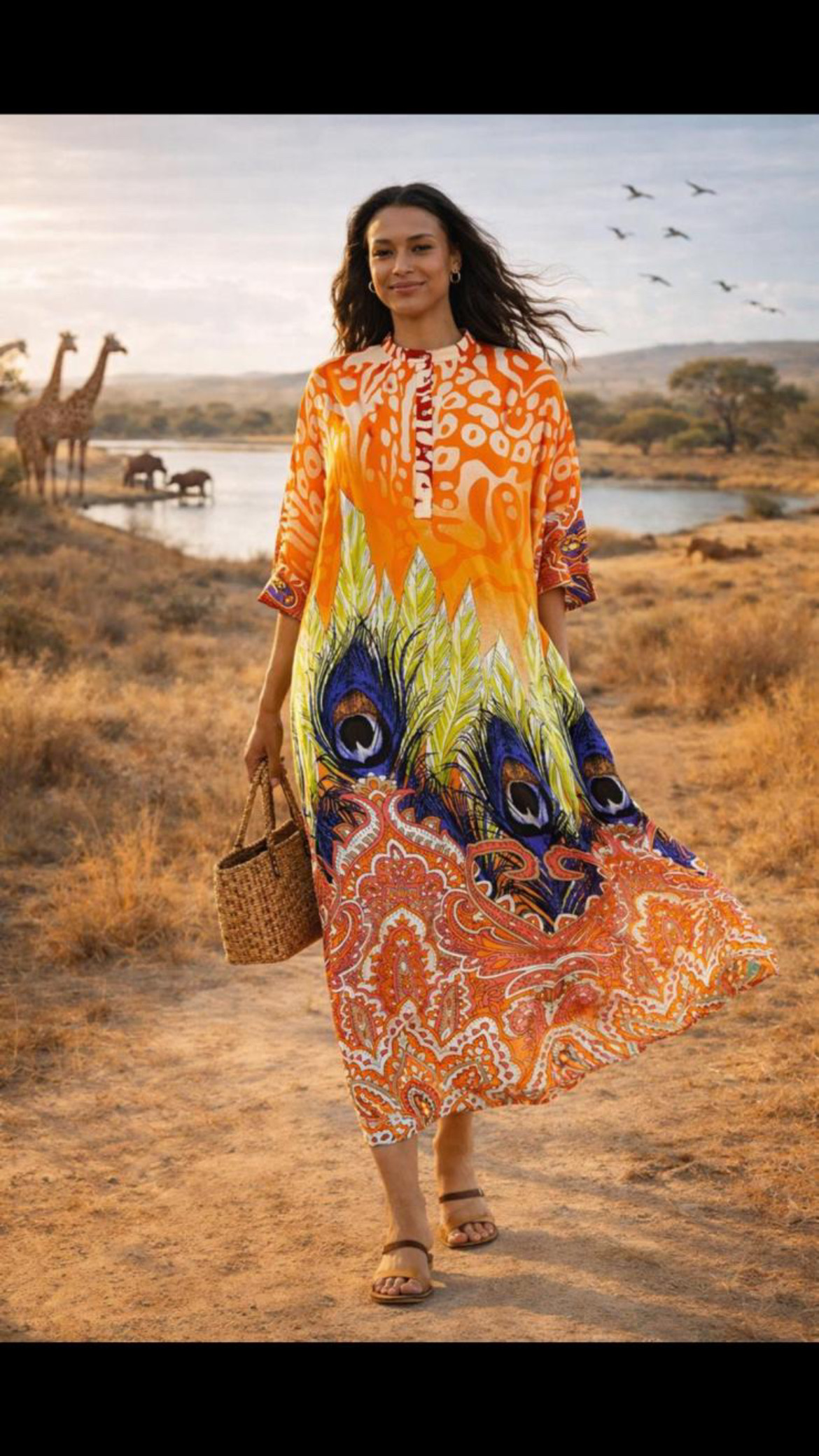 Orange basically with additional multicolored bottom Viscose Midi Long sleeve Dress