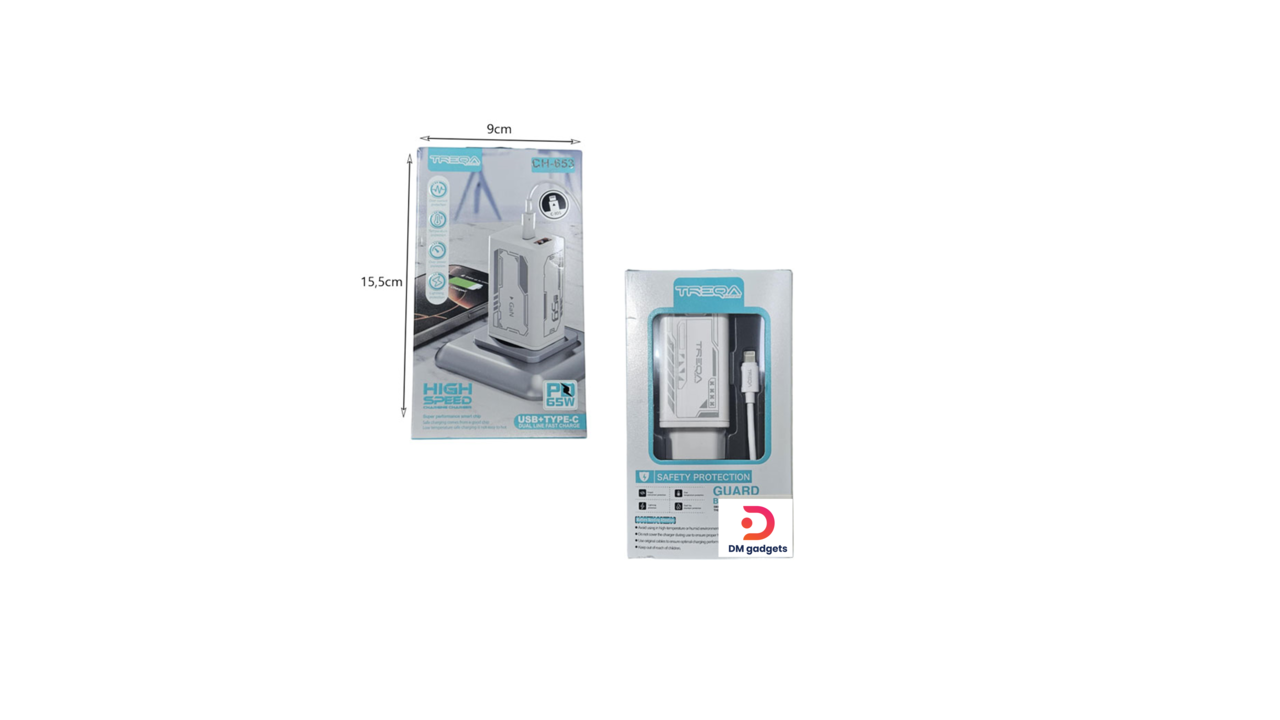 536E1#Treqa®CH-653 PD 65W USB-A+ Type-C ports with Type-C to iOS Cable – Fast Charger-White