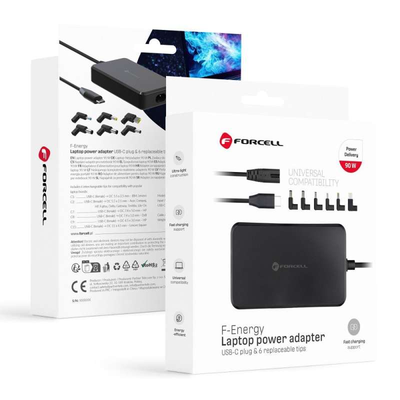 FORCELL F-ENERGY E856 uniVersal laptop charger 90W USB C + 6 adaptors - black