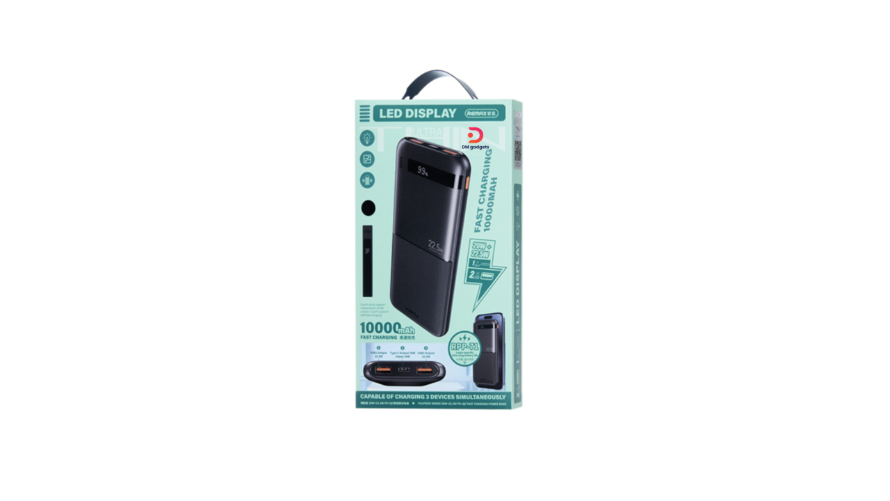 177J2#Remax®RPP-71 Piloteer Series Power Bank 10000mAh – Fast Charging 20W + 22.5W – 2 USB Ports & 1 Type-C Port – Black