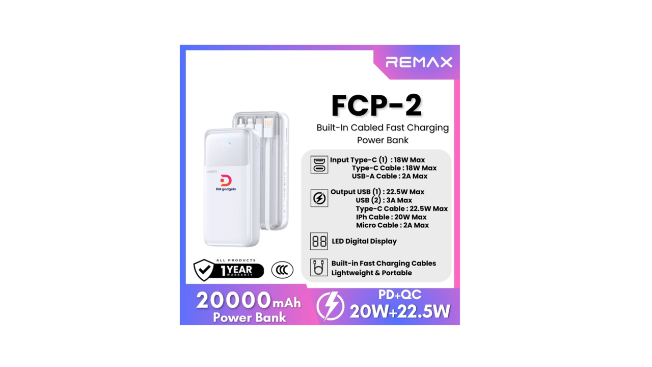 177J3#Remax®FCP-2 20000mAh Built-In Cable Fast Charging Power Bank (PD20W + QC22.5W) – White