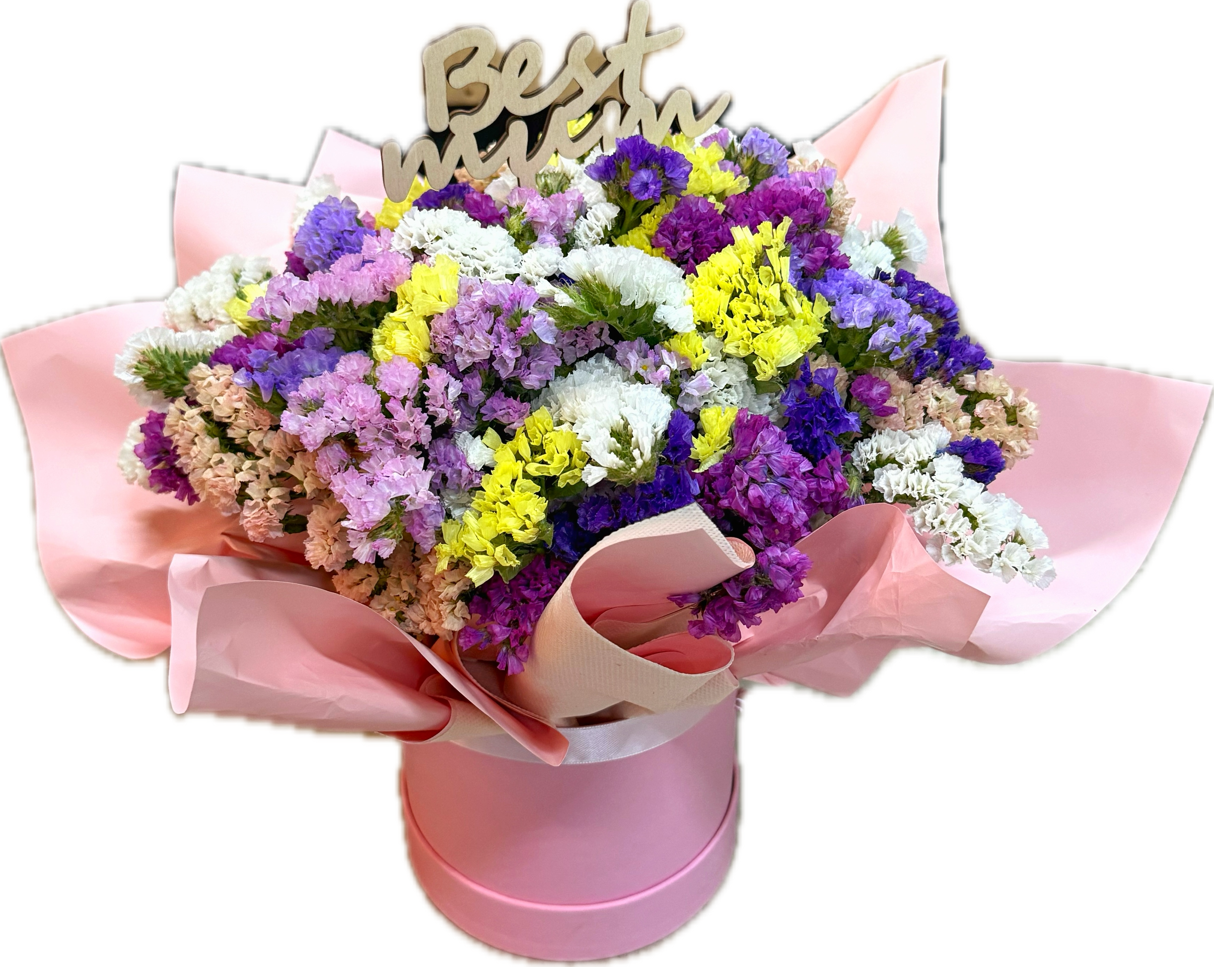 Colorful statice flowers in box
