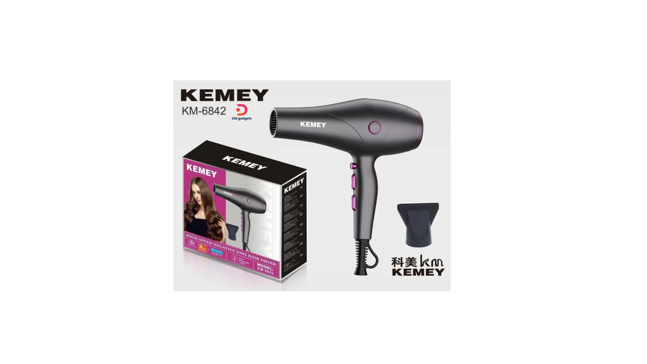 700W25#KEMEY®KM-6842 High Speed Negative Ions Hair Dryer 1300W with 3 Speed Cold/Hot -Black