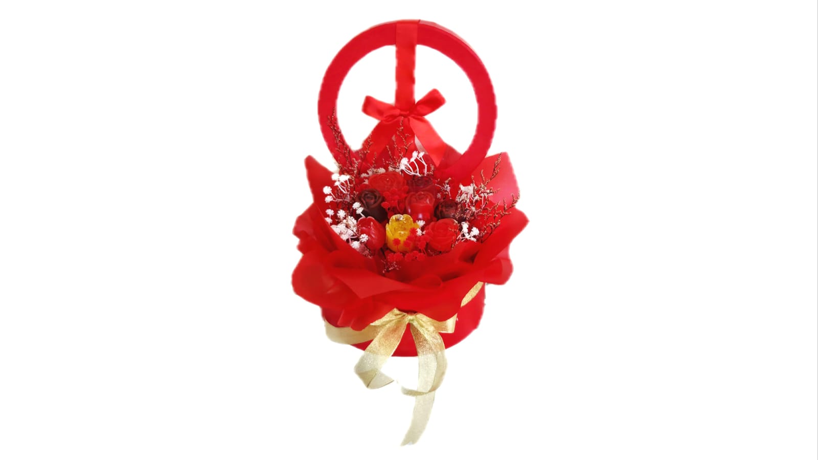 BOUQUET OF HANDMADE FLOWERS IN RED BOX. cod.1