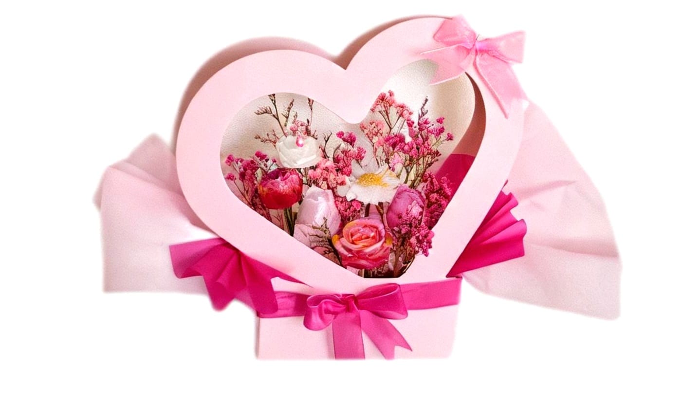 BOUQUET OF HANDMADE FLOWERS IN A PINK HERT BOX. Cod.2