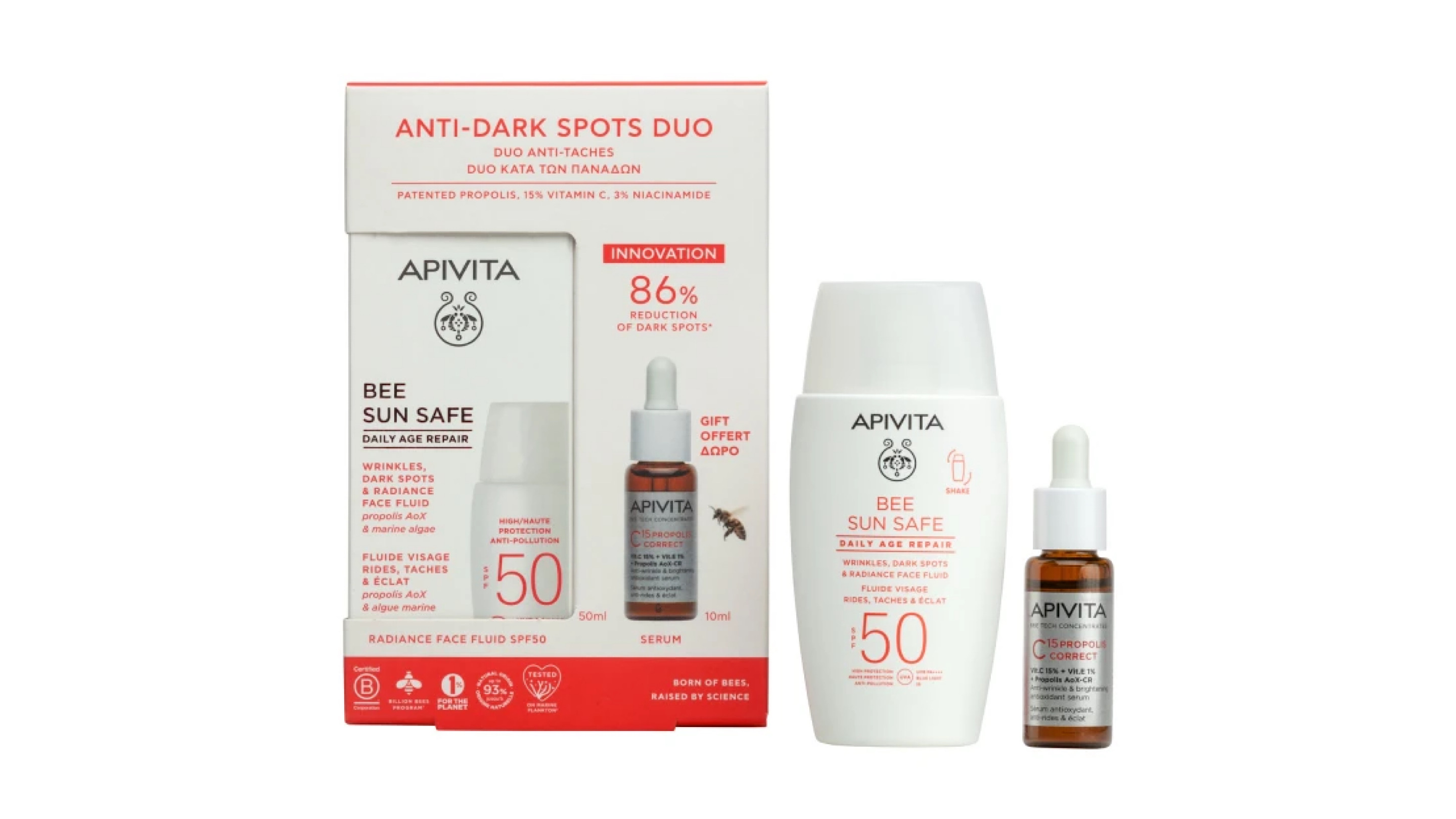 Apivita Bee Sun Safe Daily Age Repair SPF50+ Apivita C15 Propolis Correct Serum 10mL