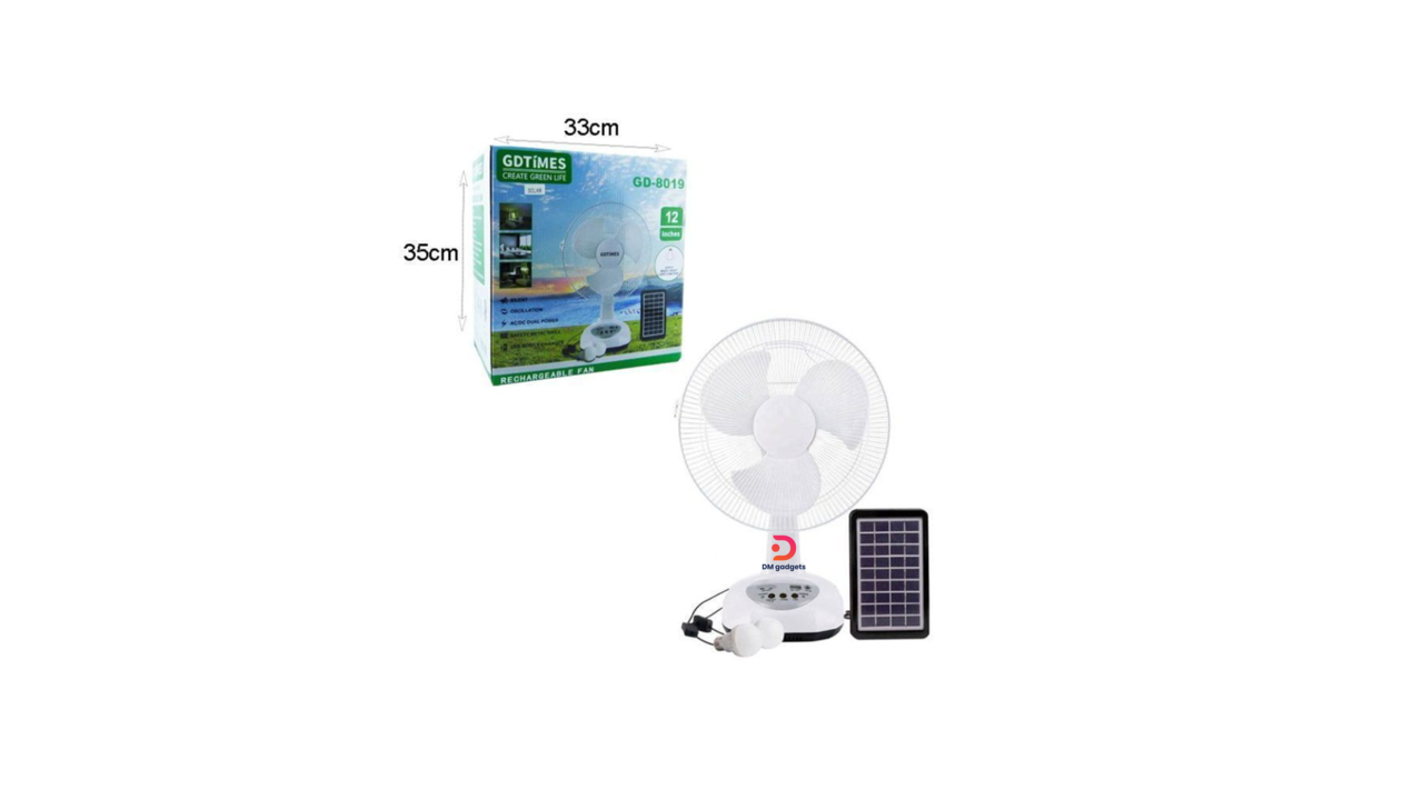 642H1#GDTimes®GD-8019 Solar-powered fan +power bank, two lights, and power cord –Rechargeable fan +solar panel
