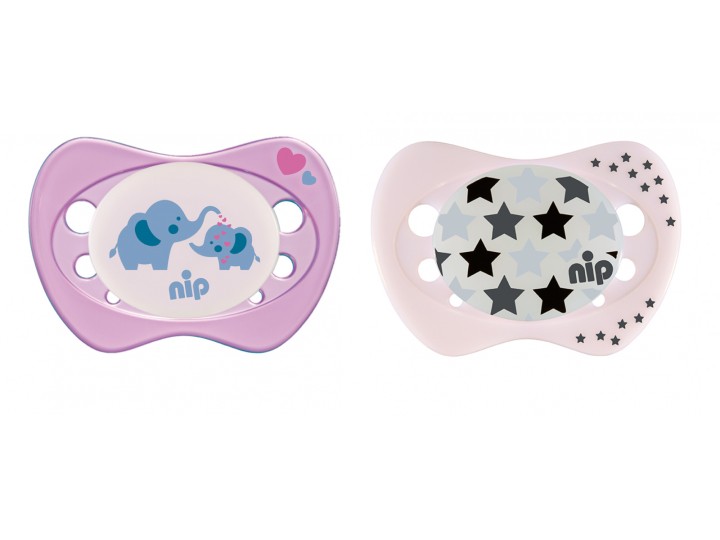 Set of 2 Glow soothers Nip Night Star Pink and Elephant 6+