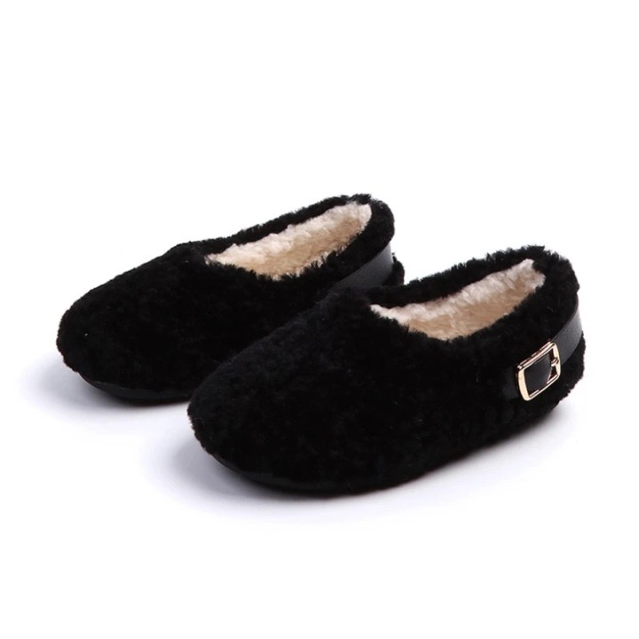 Buckle Fluff Slippers - Black