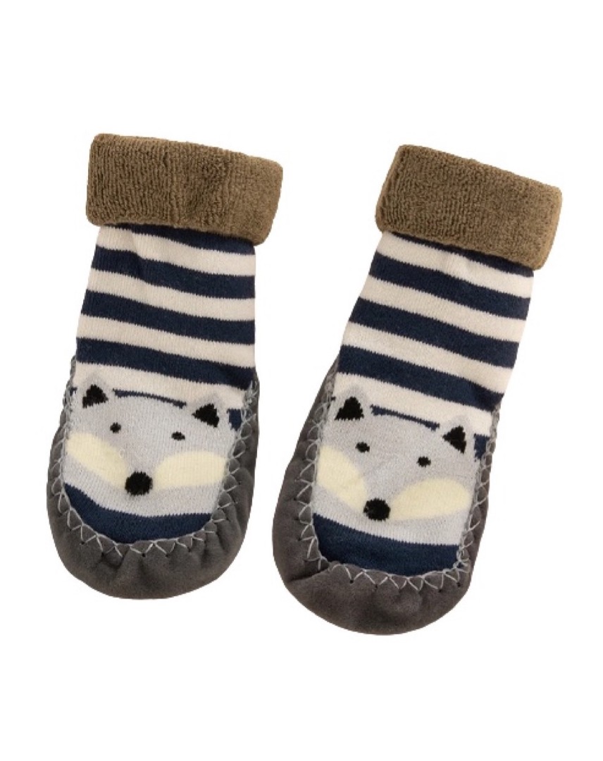 Baby Adorable Cartoon Animal Striped Fleece Antiskid Floor Socks grey
