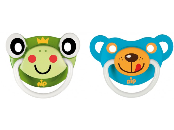 Set of 2 Nip Funny Animals soothers Frog and Bear blue 6+