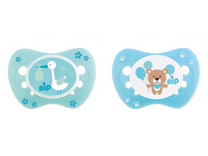 Set of 2 soothers Nip Newborn Storch Green and Teddy Blue 0-6