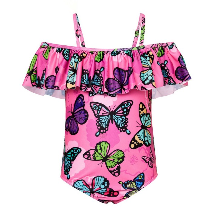 Butterfly Suspender Ruffled Swimsuit - Dark Pink