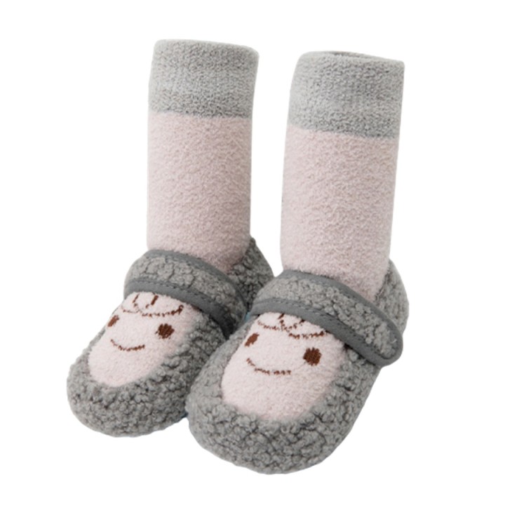 Baby Cartoon Smile Fleece Socks Grey - Pink