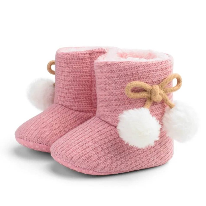 Knitted Bowknot Fluff Ball Prewalker Shoes Pink