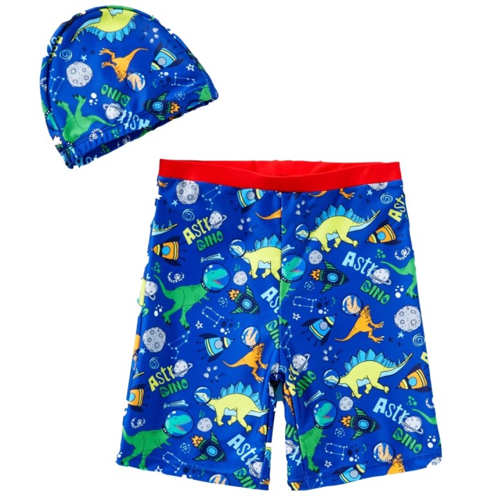 Kids Boy Dinosaur Allover Shorts with Hat Swimsuit Set