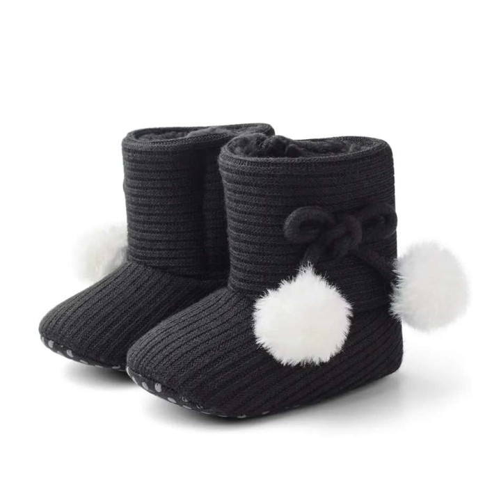 Knitted Bowknot Fluff Ball Prewalker Shoes Black