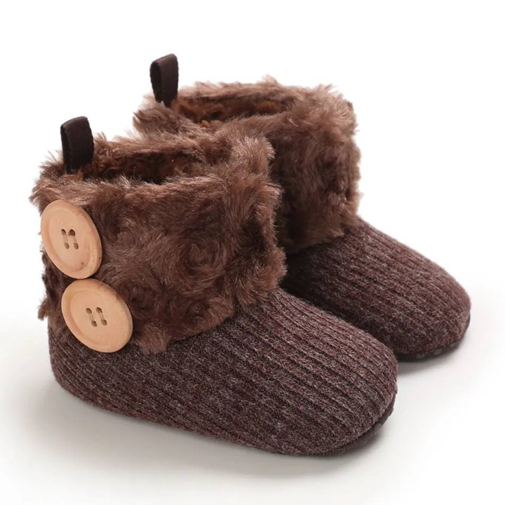 Girl Solid Button Fluff Knitted Casual Pre walker - Brown
