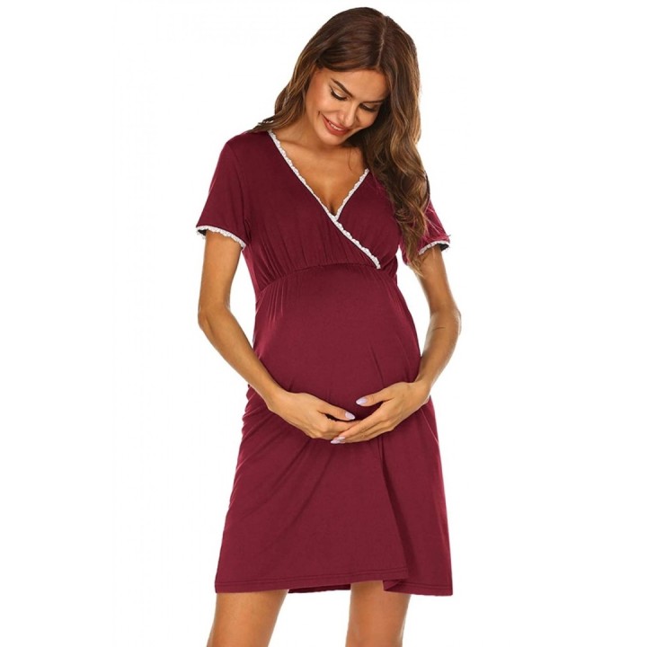 Casual Solid Short-sleeve Lace Maternity Pajamas - Burgundy