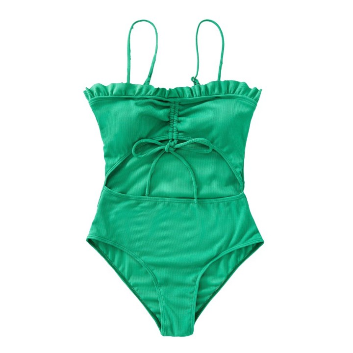 Ruffle Decor Hollow Out Solid Matching Swimsuit - Green